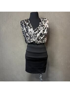 Frederick's of Hollywood Sequin Bandage Cocktail Mini Dress Black Silver S